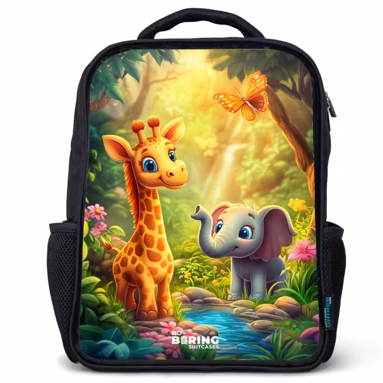 Kids backpack - Black - Giraffe and elephant by stream in the Jungle — 1