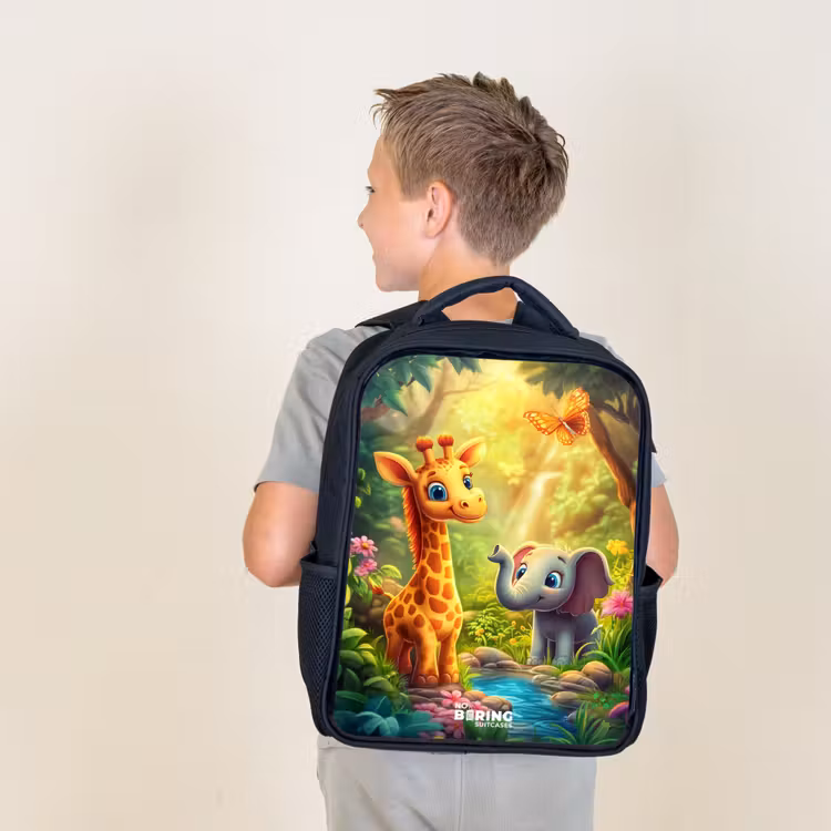 Kids backpack - Black - Giraffe and elephant by stream in the Jungle — 2