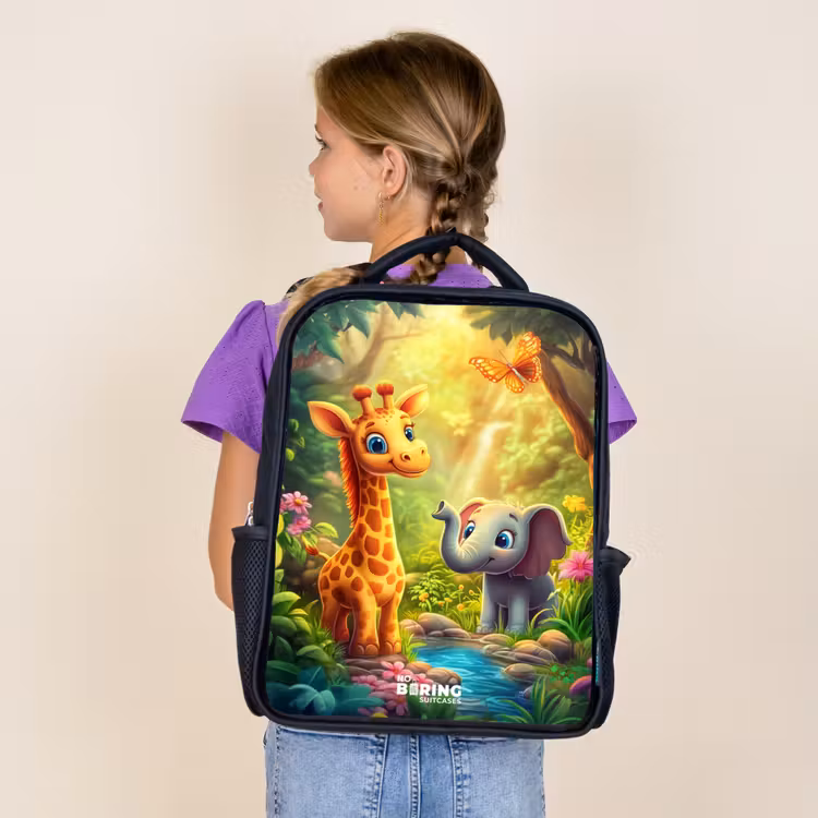 Kids backpack - Black - Giraffe and elephant by stream in the Jungle — 4