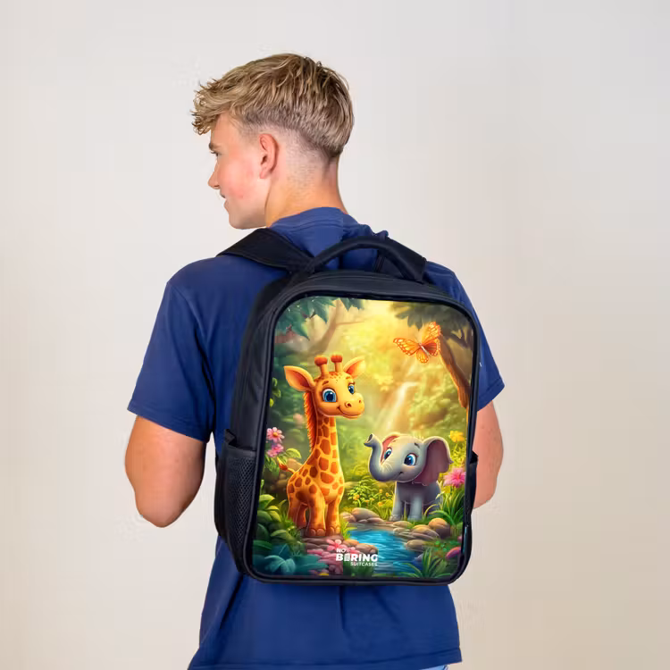 Kids backpack - Black - Giraffe and elephant by stream in the Jungle — 5
