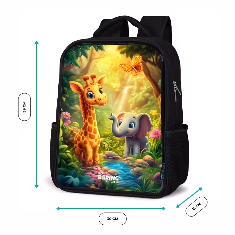 Kids backpack - Black - Giraffe and elephant by stream in the Jungle — 8