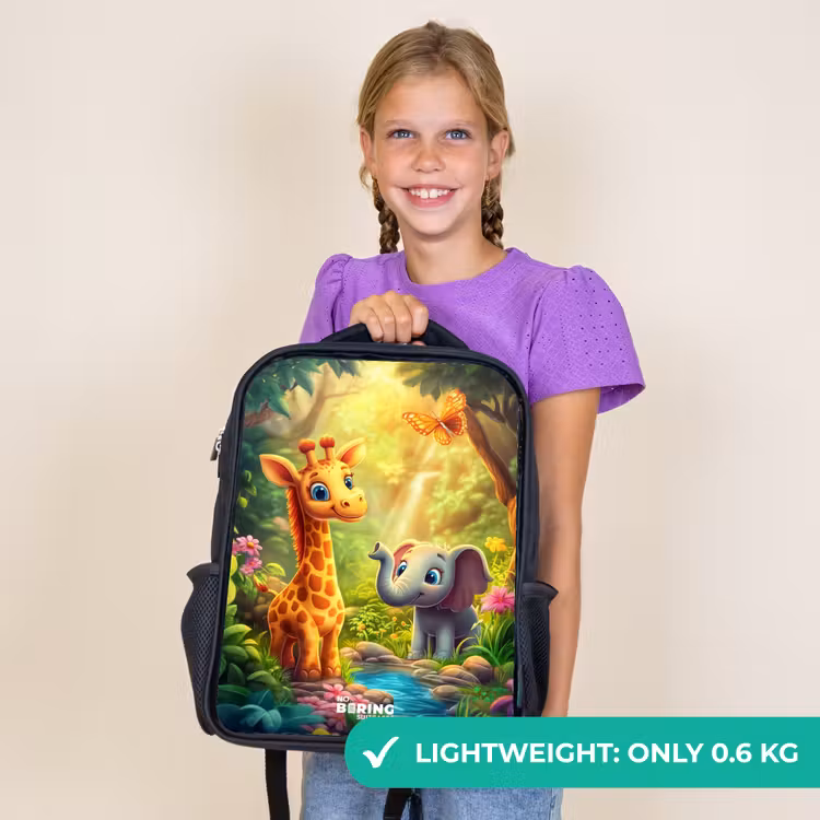 Kids backpack - Black - Giraffe and elephant by stream in the Jungle — 9