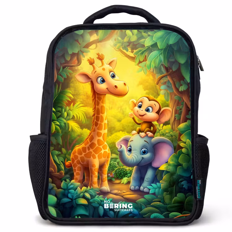 Kids backpack - Black - Giraffe, elephant and monkey in the forest — 1
