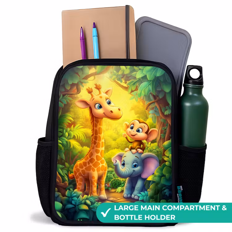 Kids backpack - Black - Giraffe, elephant and monkey in the forest — 10