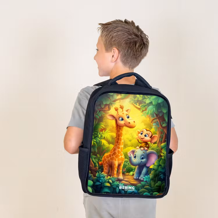 Kids backpack - Black - Giraffe, elephant and monkey in the forest — 2