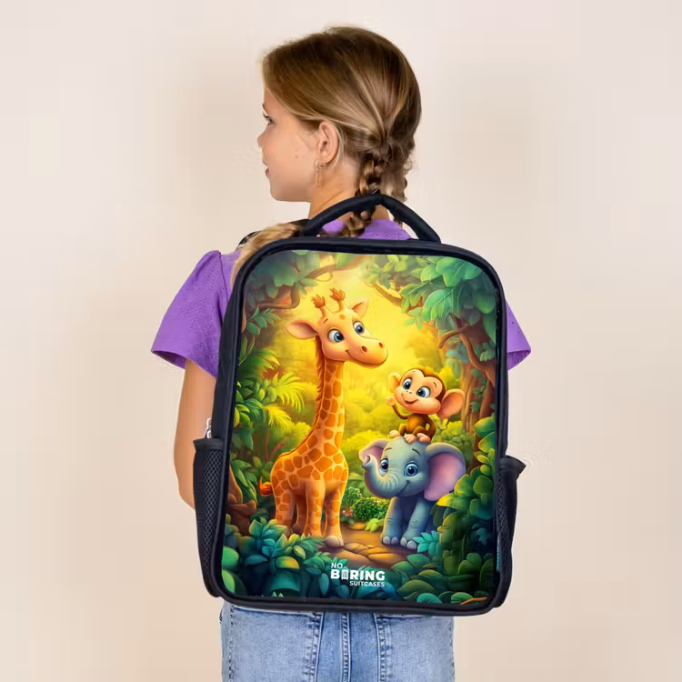 Kids backpack - Black - Giraffe, elephant and monkey in the forest — 4