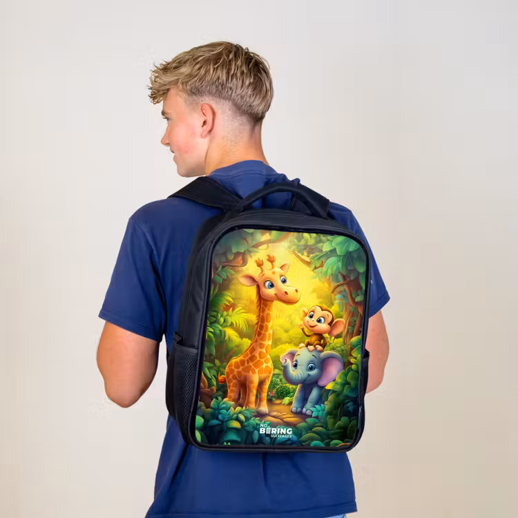 Kids backpack - Black - Giraffe, elephant and monkey in the forest — 5