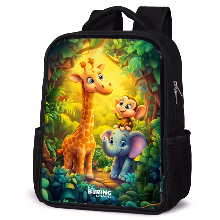 Kids backpack - Black - Giraffe, elephant and monkey in the forest — 6