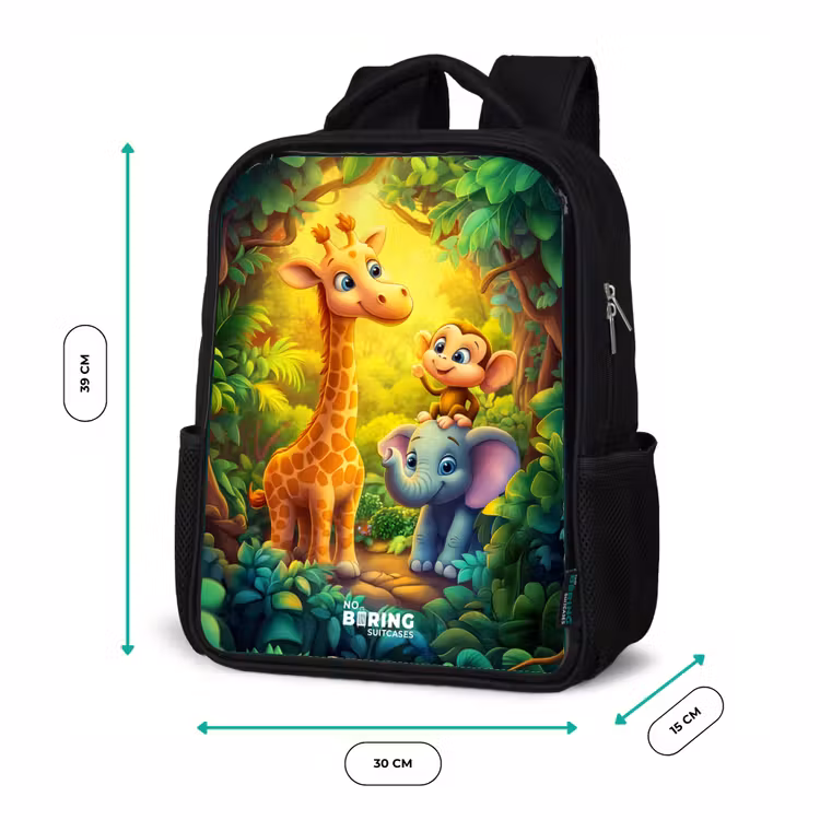 Kids backpack - Black - Giraffe, elephant and monkey in the forest — 8