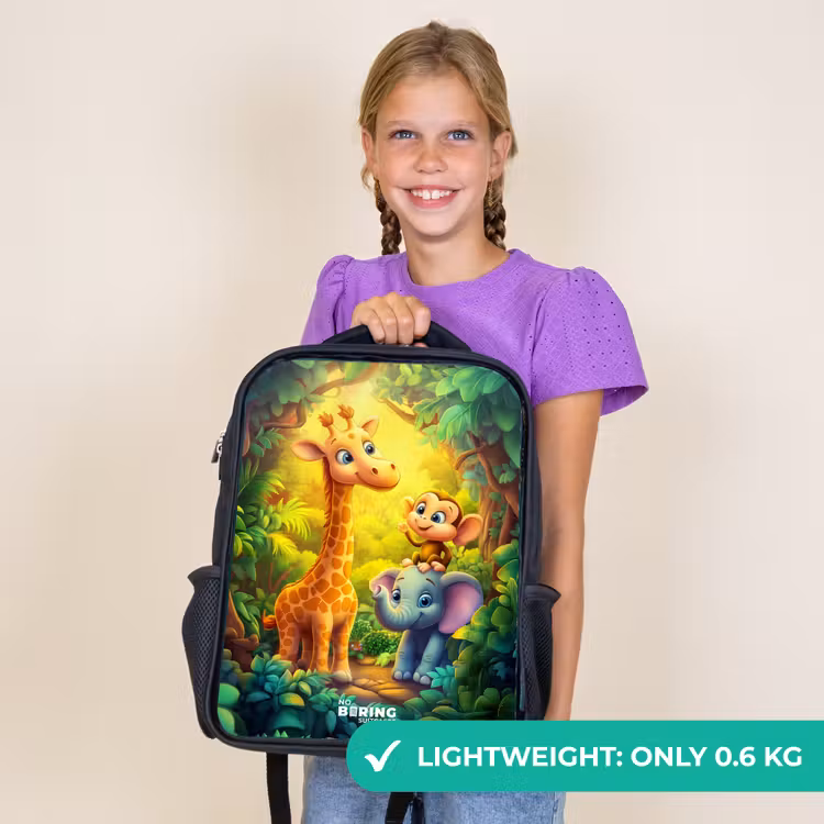 Kids backpack - Black - Giraffe, elephant and monkey in the forest — 9