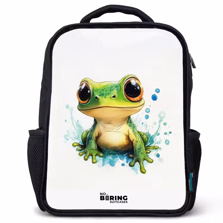 Kids backpack - Black - Green frog with big eyes on white background — 1