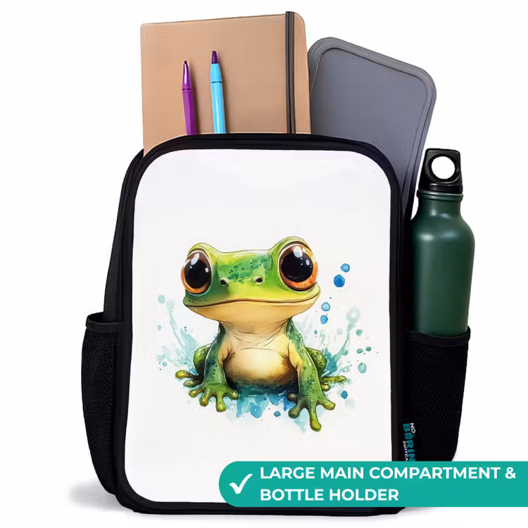 Kids backpack - Black - Green frog with big eyes on white background — 10