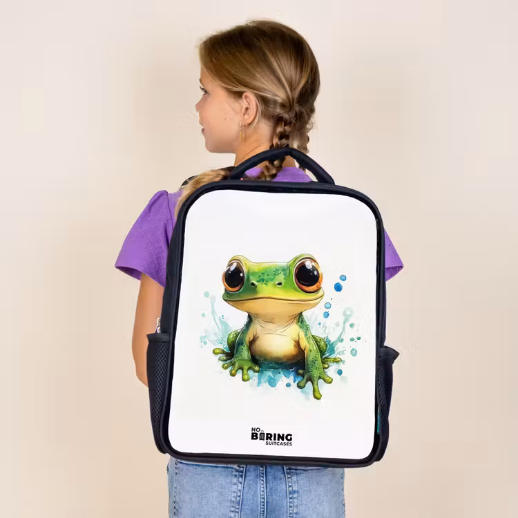 Kids backpack - Black - Green frog with big eyes on white background — 4