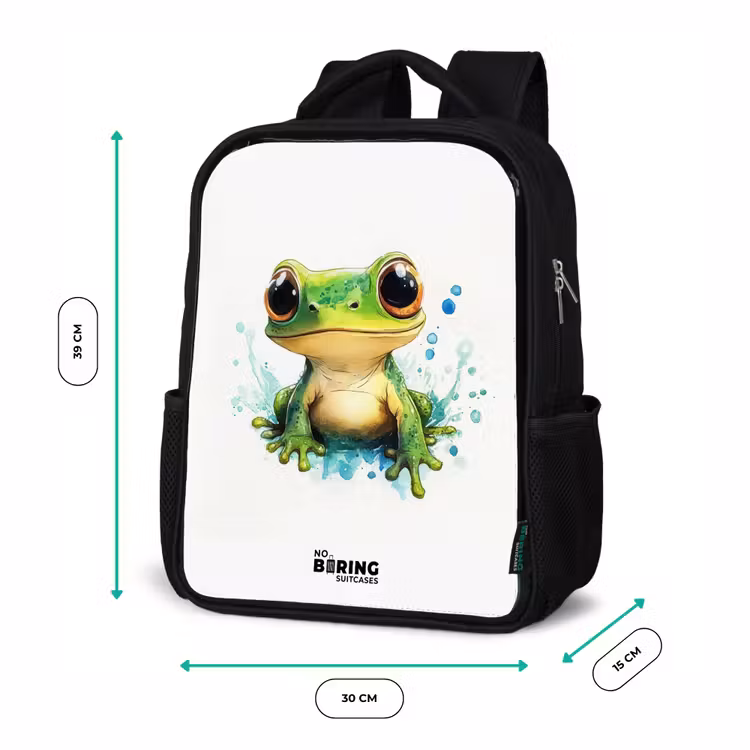 Kids backpack - Black - Green frog with big eyes on white background — 8