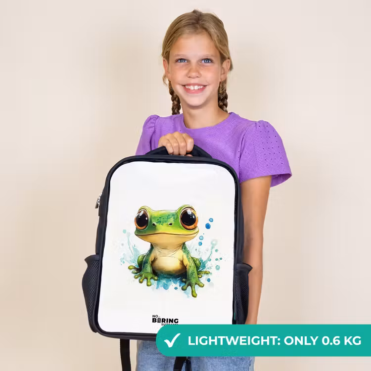 Kids backpack - Black - Green frog with big eyes on white background — 9