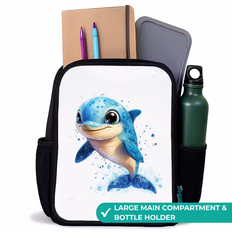 Kids backpack - Black - Happy dolphin with water drops on white — 10
