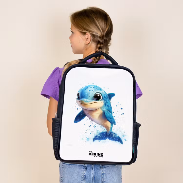 Kids backpack - Black - Happy dolphin with water drops on white — 4