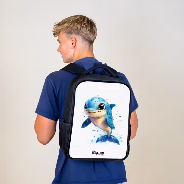 Kids backpack - Black - Happy dolphin with water drops on white — 5