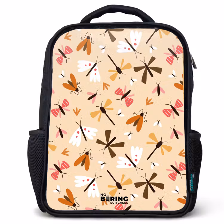 Kids backpack - Black - Insect pattern in brown, pink and orange on beige background — 1