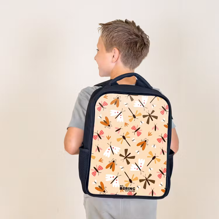 Kids backpack - Black - Insect pattern in brown, pink and orange on beige background — 2