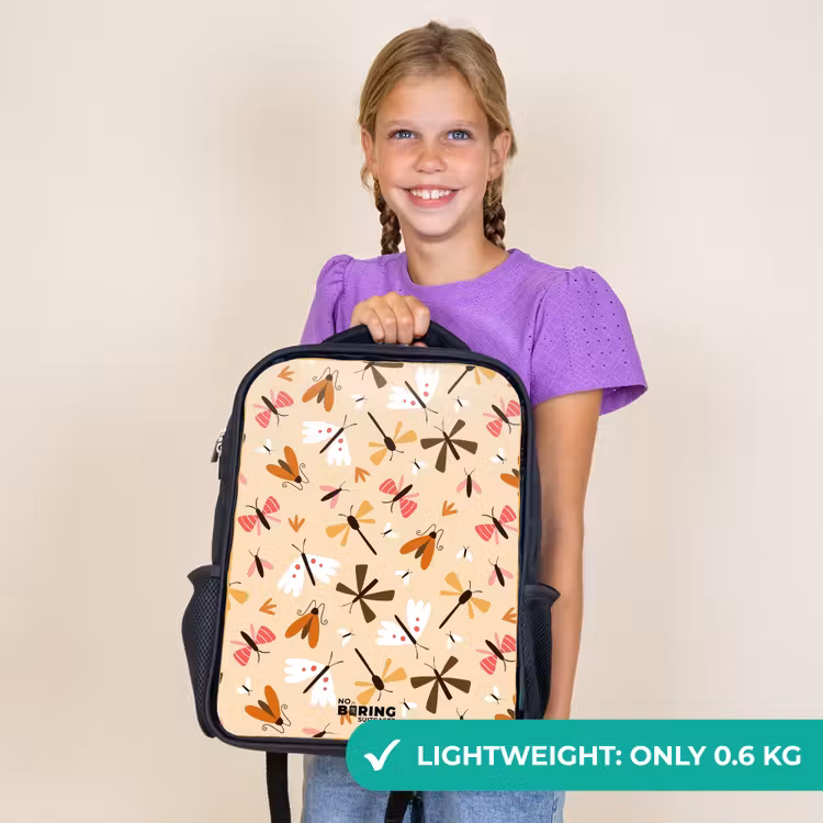 Kids backpack - Black - Insect pattern in brown, pink and orange on beige background — 9