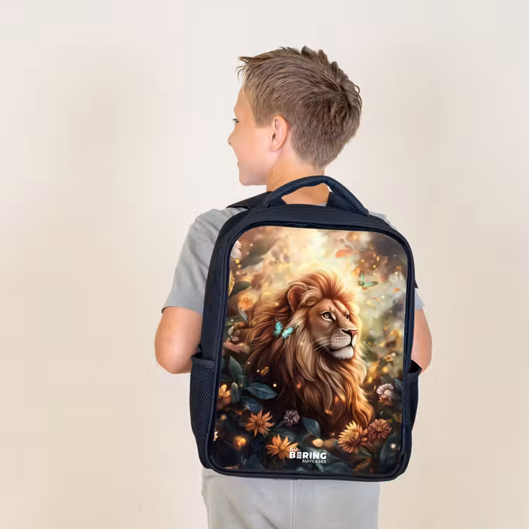 Kids backpack - Black - Lion with butterflies in flowery jungle — 2