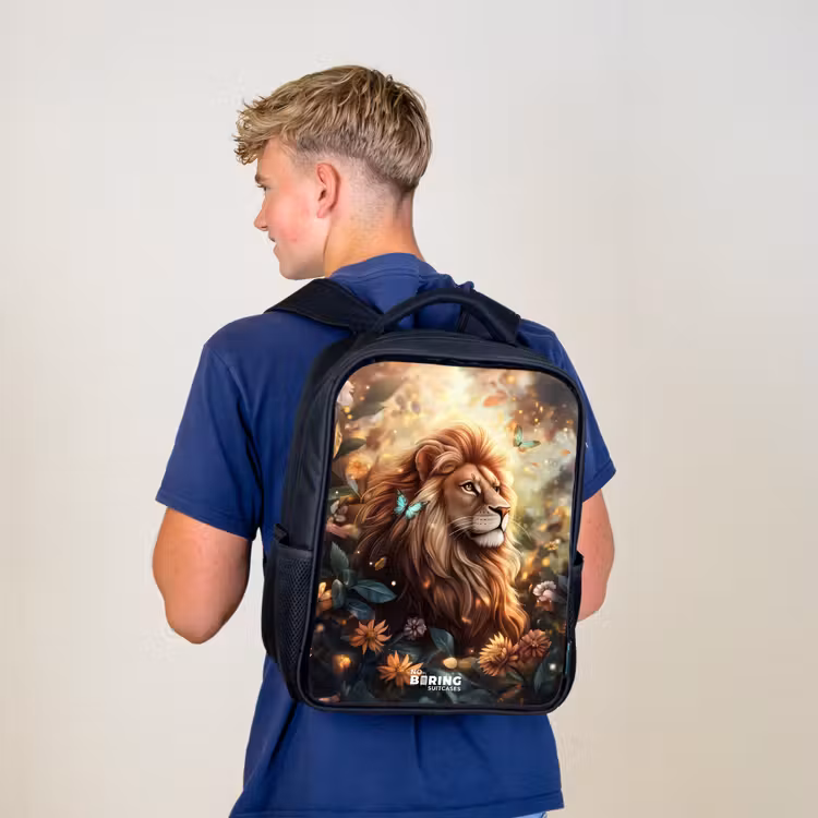 Kids backpack - Black - Lion with butterflies in flowery jungle — 5