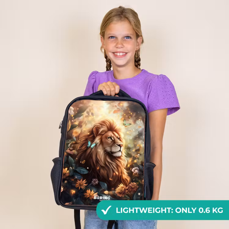 Kids backpack - Black - Lion with butterflies in flowery jungle — 9