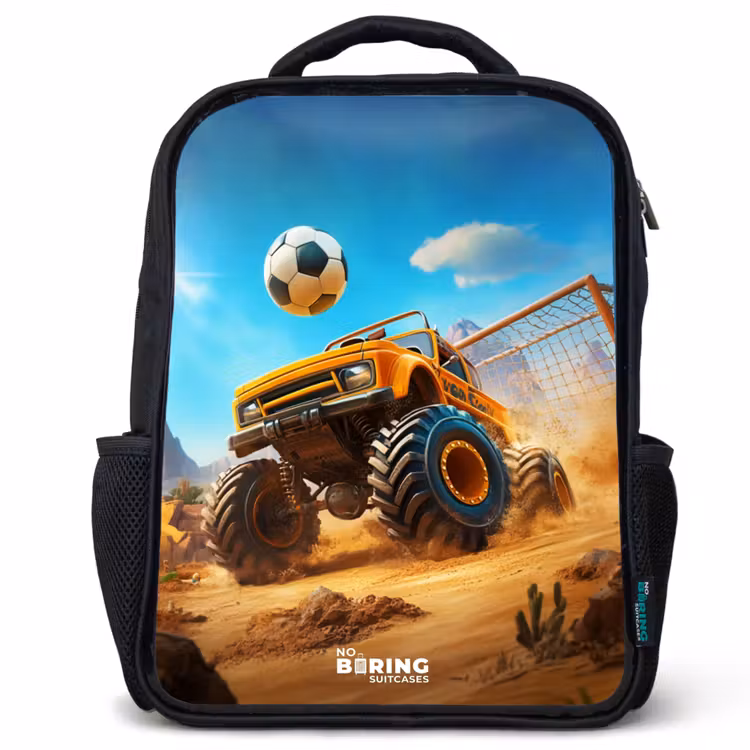 Kids backpack - Black - Monster truck scores goal in desert stadium — 1