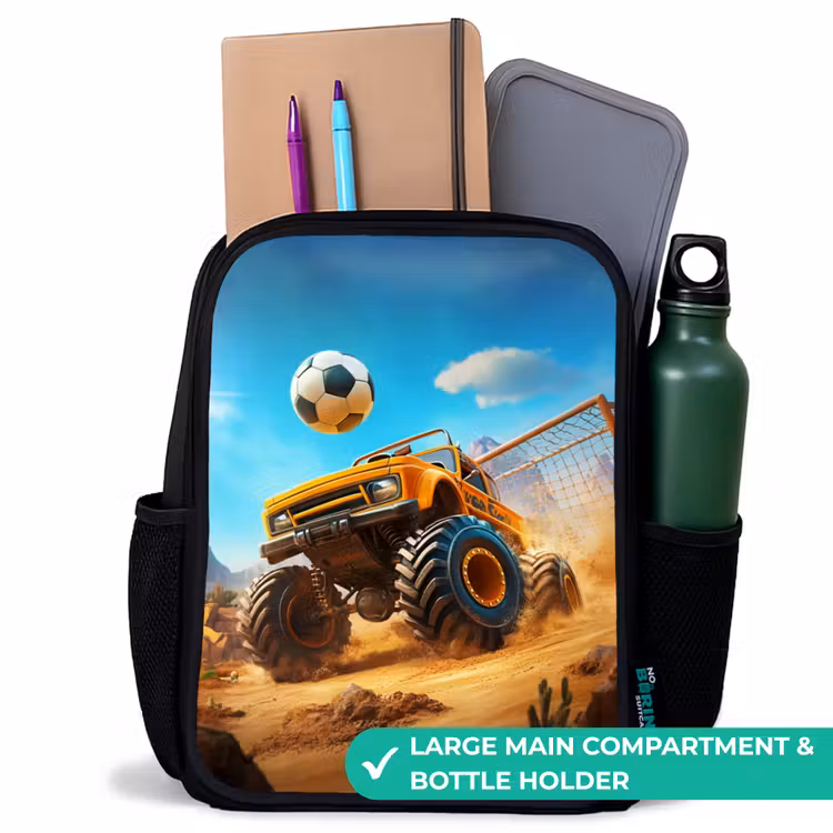 Kids backpack - Black - Monster truck scores goal in desert stadium — 10