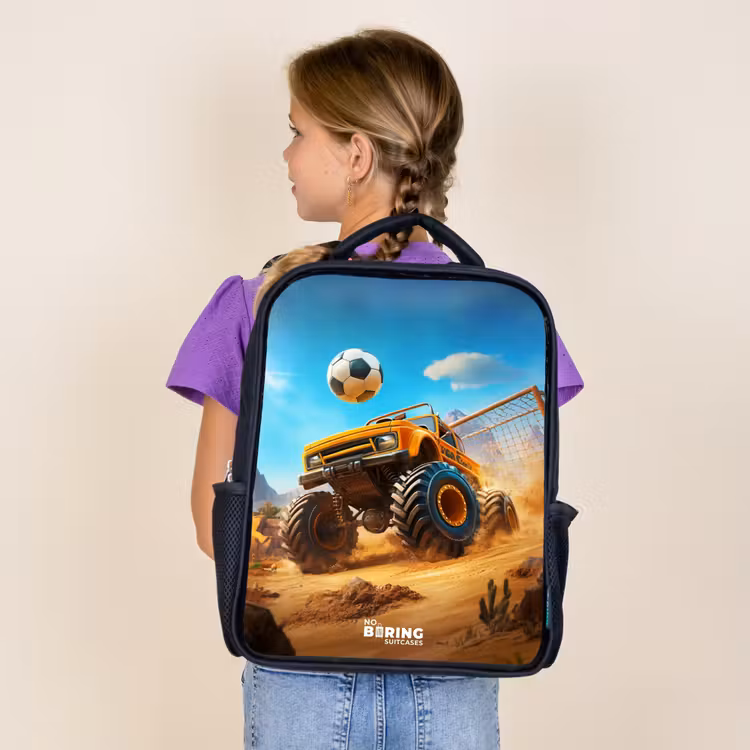 Kids backpack - Black - Monster truck scores goal in desert stadium — 4