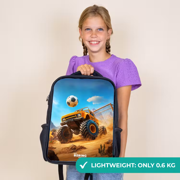 Kids backpack - Black - Monster truck scores goal in desert stadium — 9