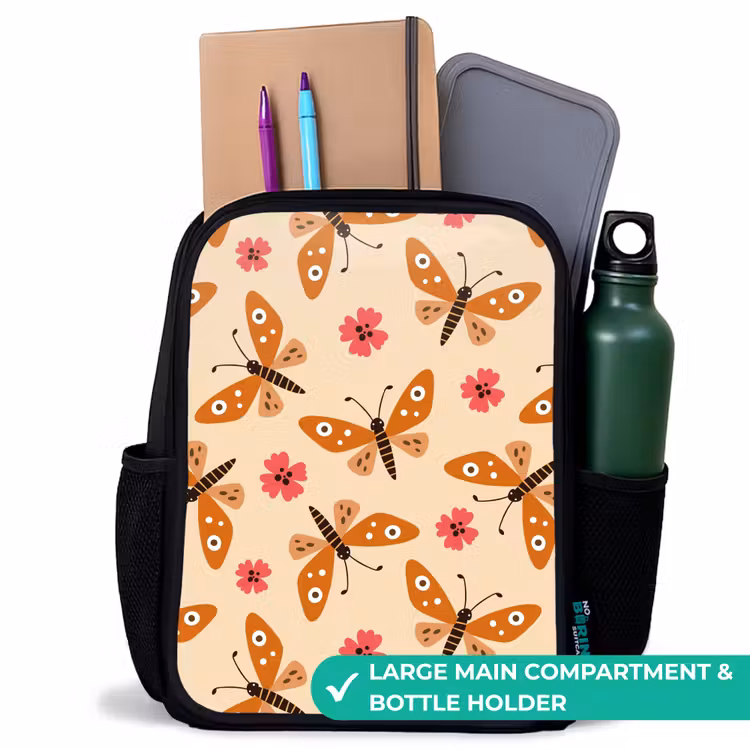 Kids backpack - Black - Orange butterflies and pink flowers on beige background — 10