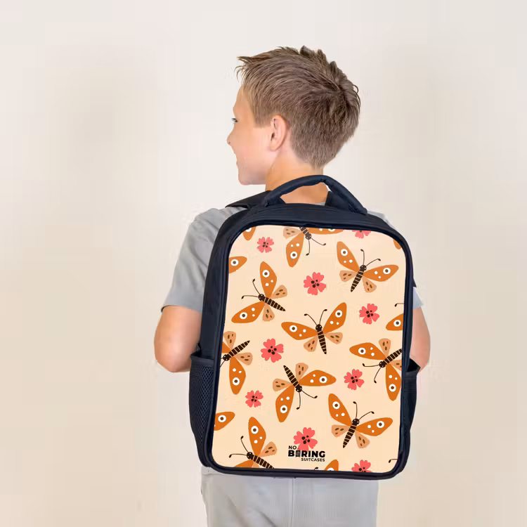 Kids backpack - Black - Orange butterflies and pink flowers on beige background — 2