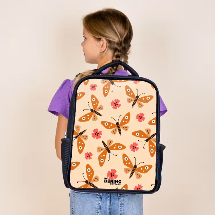 Kids backpack - Black - Orange butterflies and pink flowers on beige background — 4