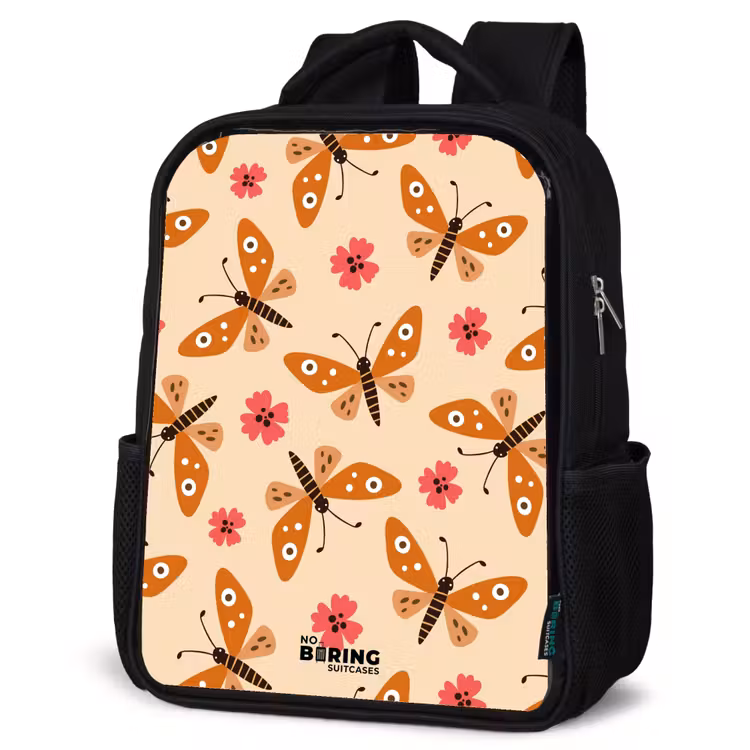 Kids backpack - Black - Orange butterflies and pink flowers on beige background — 6