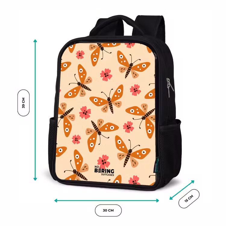 Kids backpack - Black - Orange butterflies and pink flowers on beige background — 8