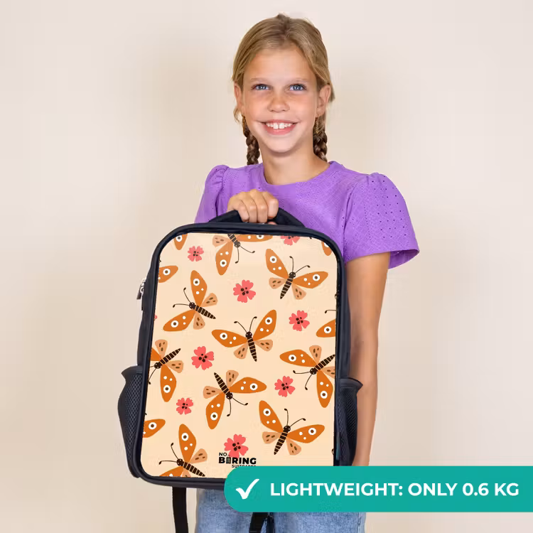 Kids backpack - Black - Orange butterflies and pink flowers on beige background — 9