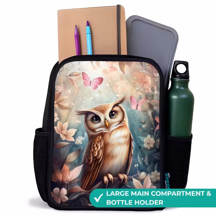 Kids backpack - Black - Owl with butterflies in mystical forest — 10