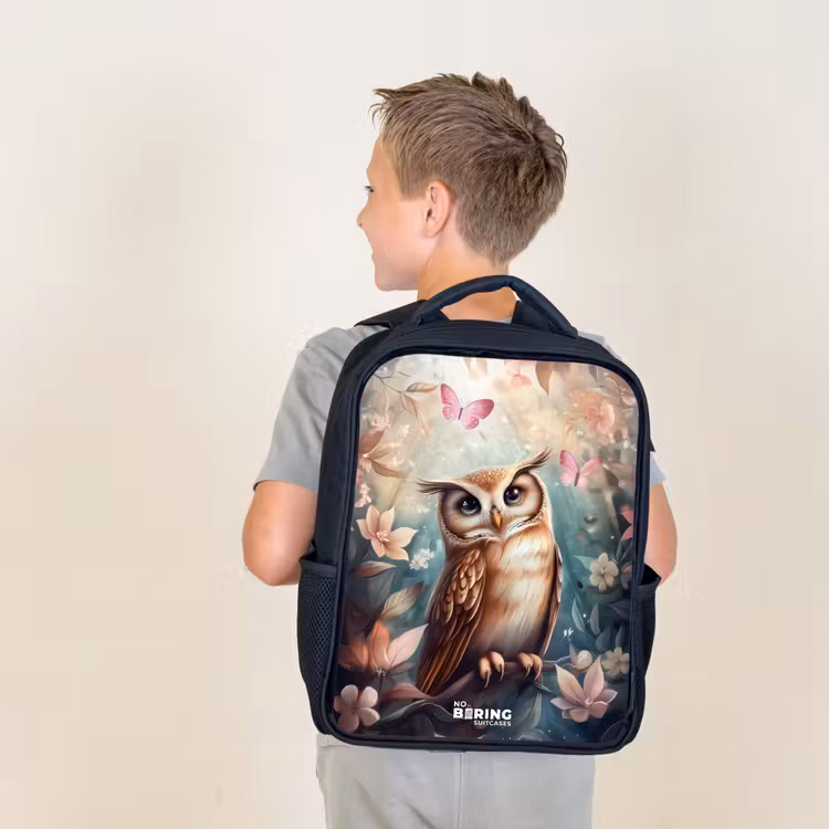 Kids backpack - Black - Owl with butterflies in mystical forest — 2