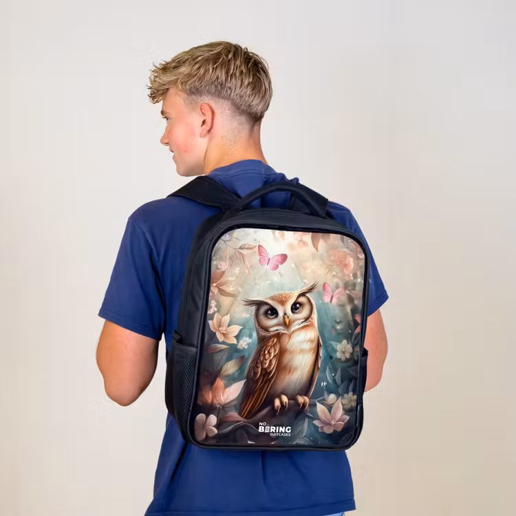 Kids backpack - Black - Owl with butterflies in mystical forest — 5