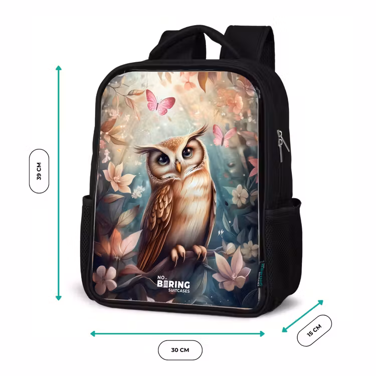 Kids backpack - Black - Owl with butterflies in mystical forest — 8