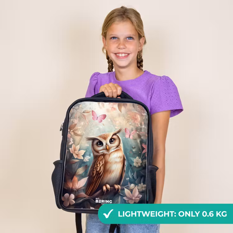 Kids backpack - Black - Owl with butterflies in mystical forest — 9
