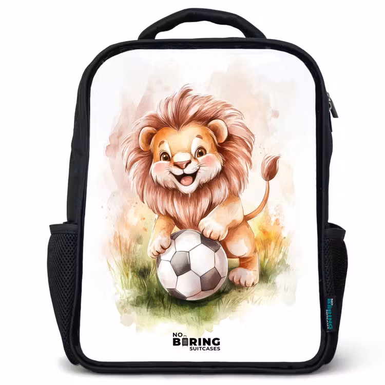Kids backpack - Black - Playful lion with soccer on lawn — 1