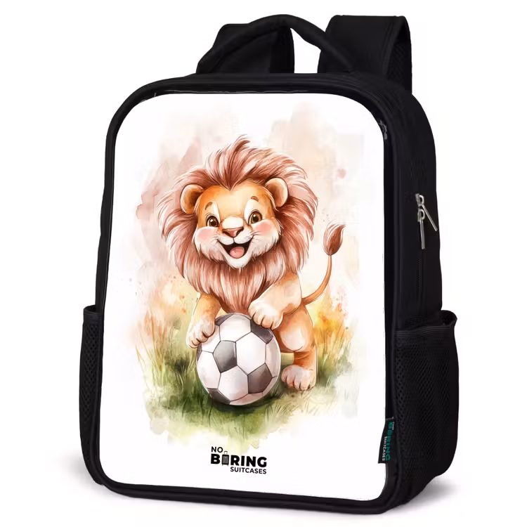 Kids backpack - Black - Playful lion with soccer on lawn — 6