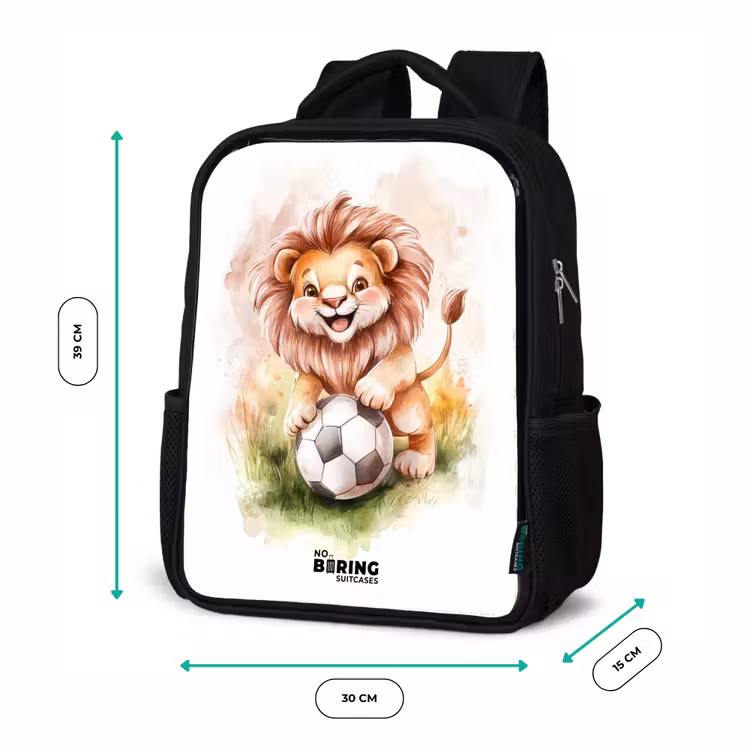 Kids backpack - Black - Playful lion with soccer on lawn — 8