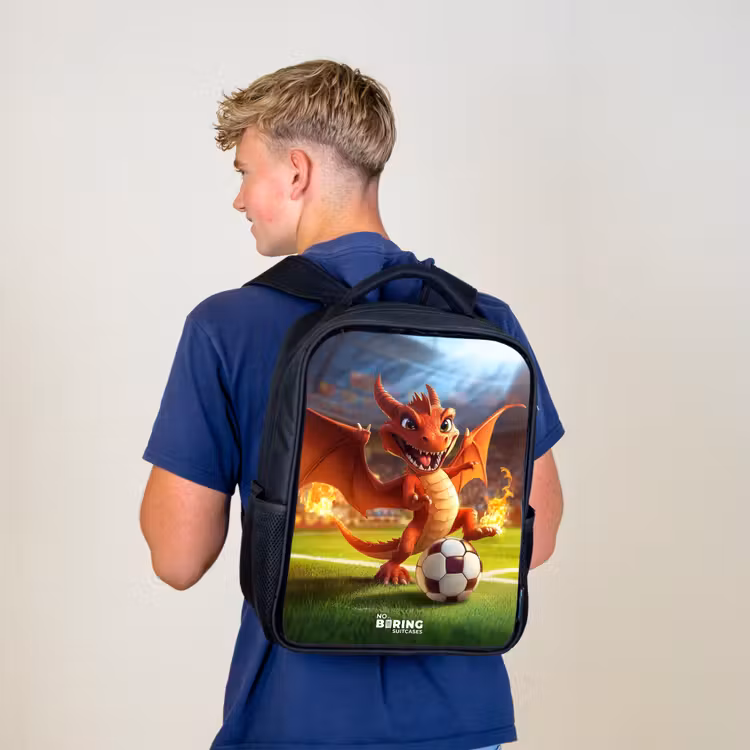 Kids backpack - Black - Red dragon plays soccer in sunny stadium — 5