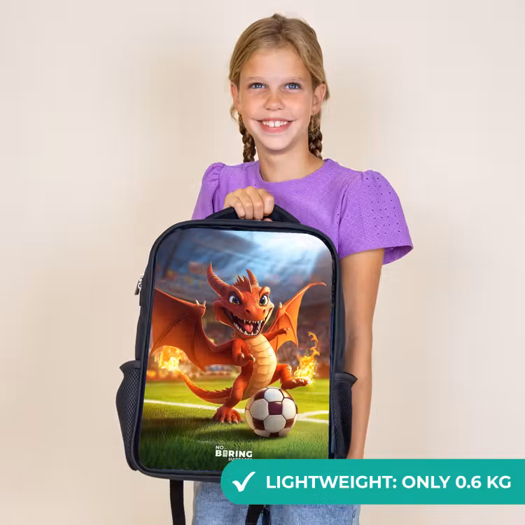 Kids backpack - Black - Red dragon plays soccer in sunny stadium — 9