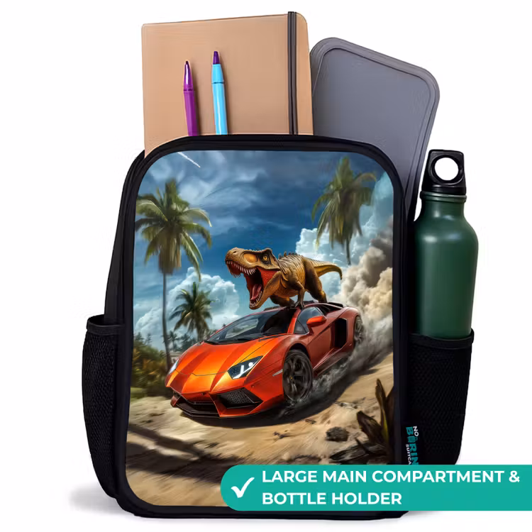 Kids backpack - Black - Red sports car with dino races through tropical beach — 10