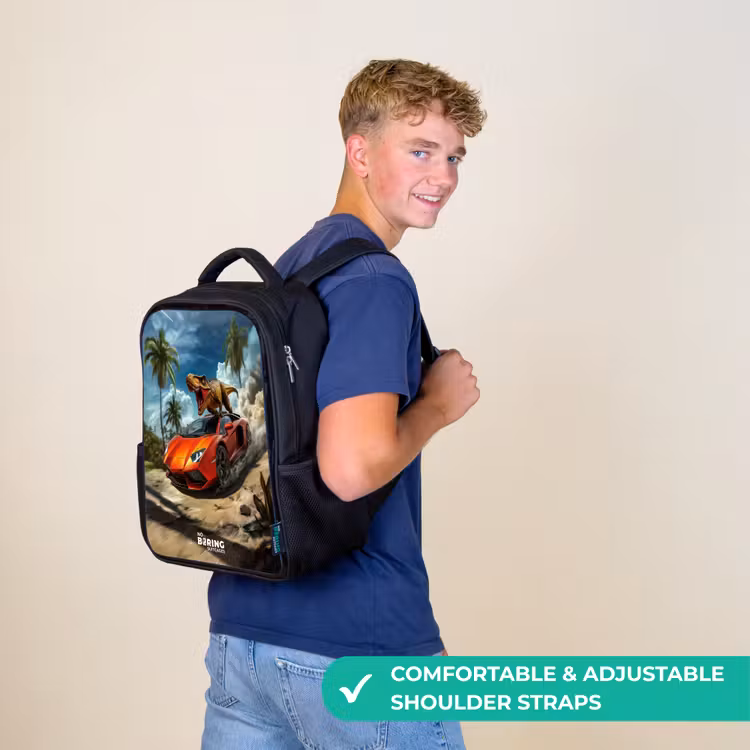 Kids backpack - Black - Red sports car with dino races through tropical beach — 11